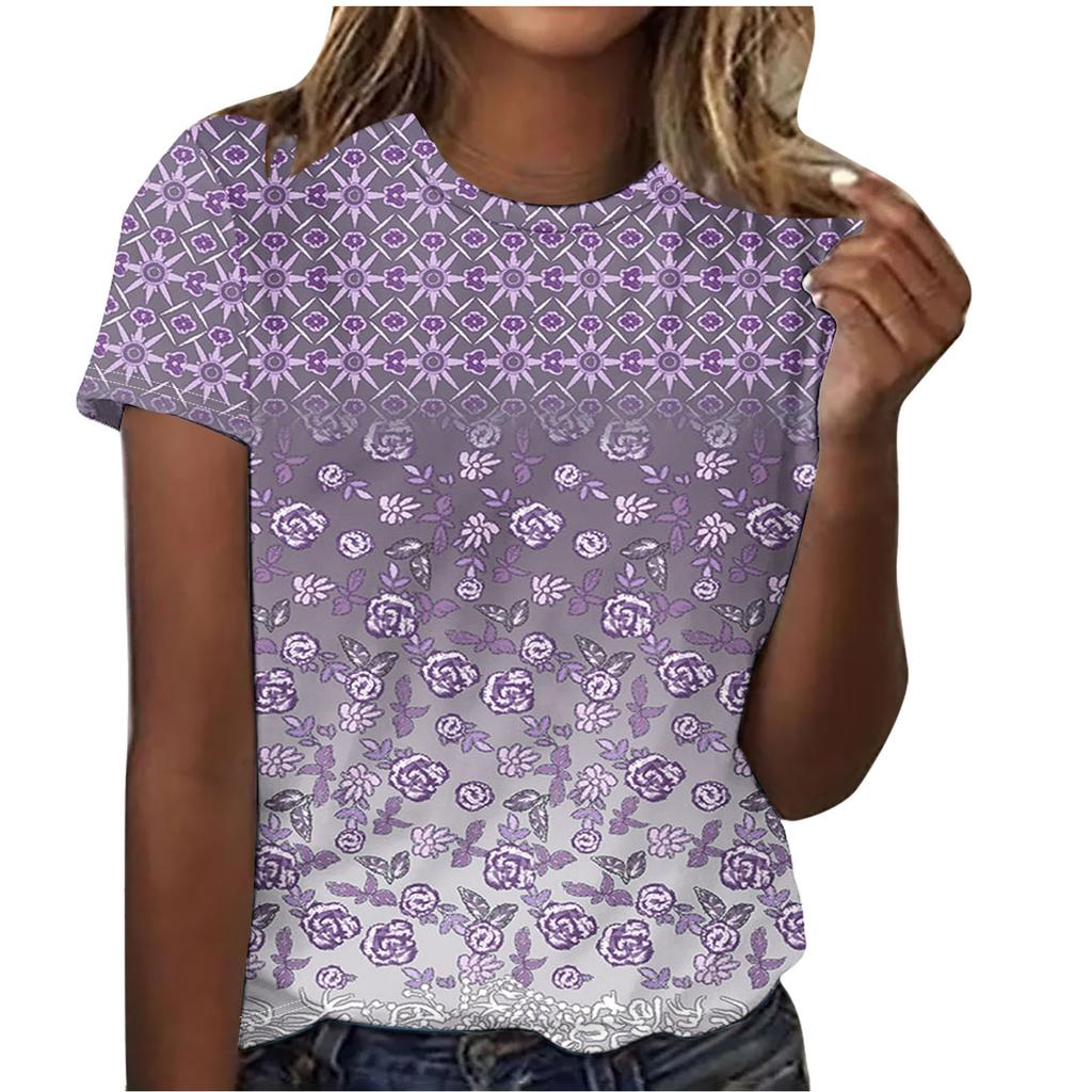 Summer Round Neck Beautiful Floral Print Top Fashionable Casual Short Sleeved Women's T-shirts