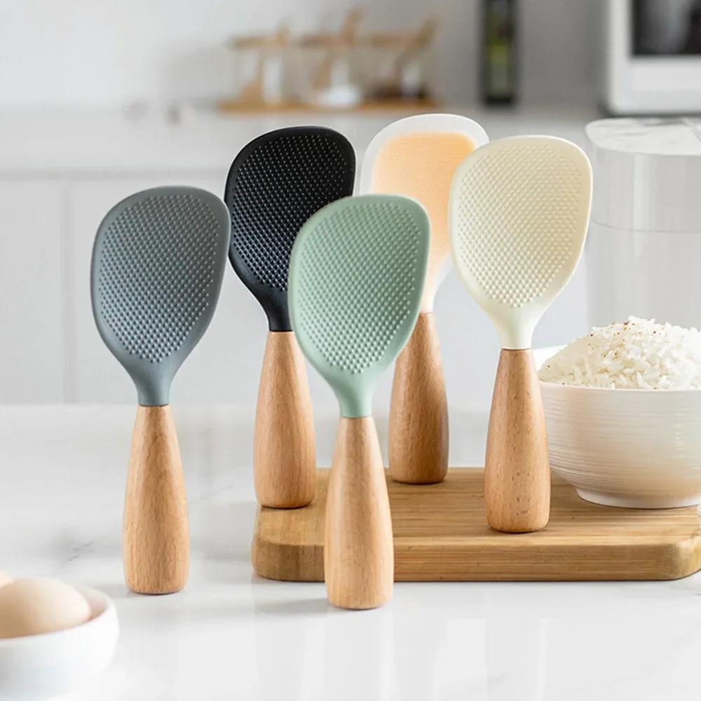 Creative Vertical Silicone Rice Spoon High Temperature Resistant Wooden Handle Non-stick Rice Spoon Household Rice Cooker Spoon