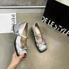 2025 Spring and Summer New Satin Bow Square Head Mary Jane Heel Shoes Popular Horseshoe Heel One Word with Buckle Single Shoes