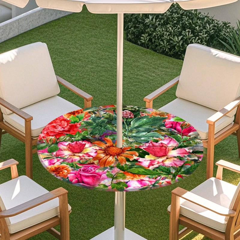 Outdoor Round Table Cover With Floral Print Oil Painting Style Waterproof Elastic Edge Patio Garden
