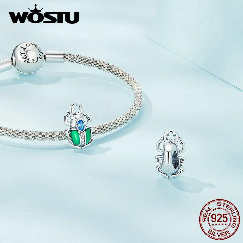 WOSTU 925 Sterling Silver Green Enamel Wings Blue Zircon Beetle Bead Charms for Women Bangle and Bracelet DIY Jewelry