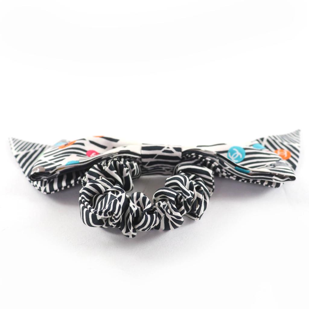 Excellent CHANEL COCO Mark Stripe Pattern Ribbon Scrunchie Multicolor silk Used