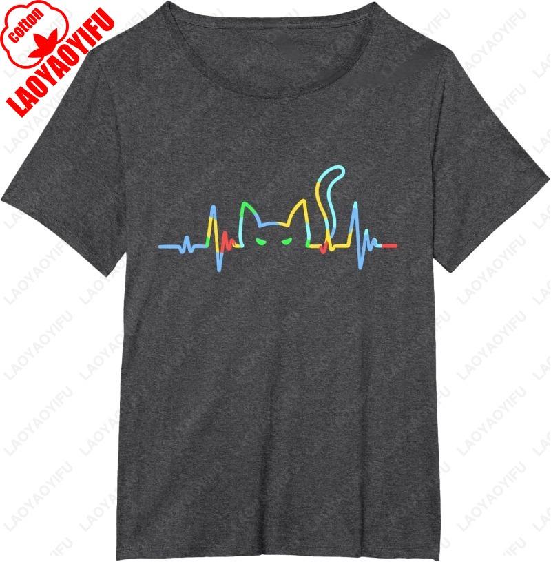 Funny Heartbeat Cat Lover Animal Silhouette Cute Printed Unisex Adult Cotton TShirt Creative Trend Casual Simple Unisex Camisetas