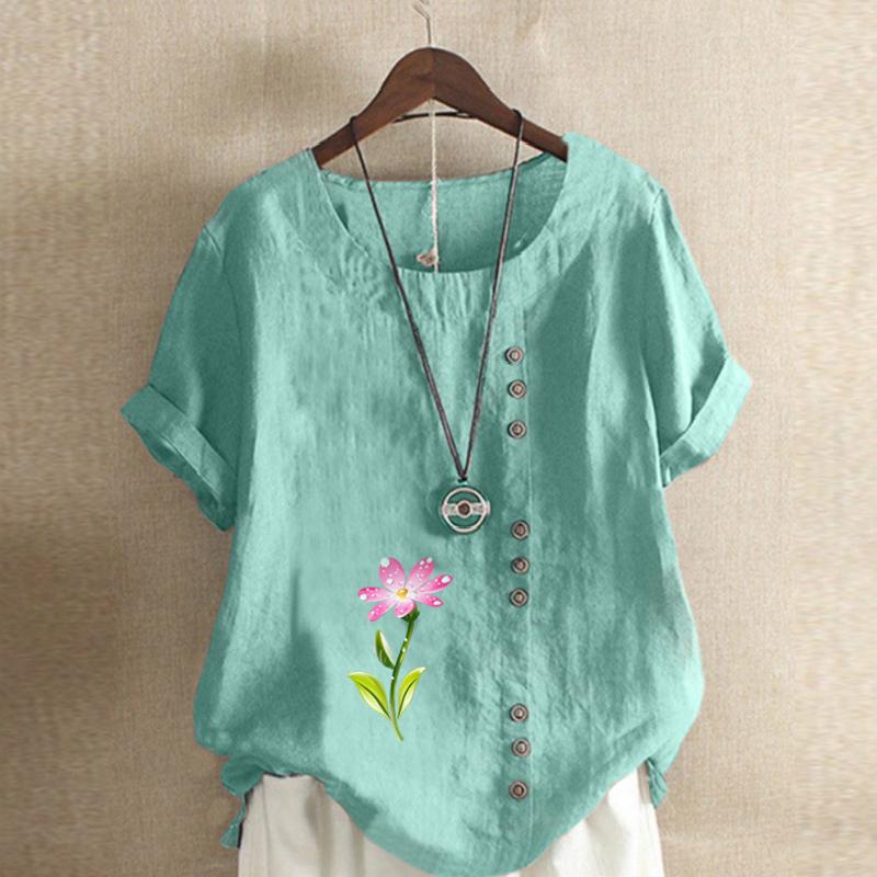 Women's Fashion Round Neck Short Sleeve T-shirt Casual Cotton Linen Graphic Shirt Leisure Loose Flower Prined Summer Blouse Tops