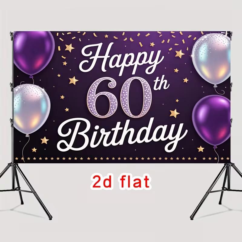 Двумерный фон "С 60-летием" фиолетово-золотой с шарами и звездами