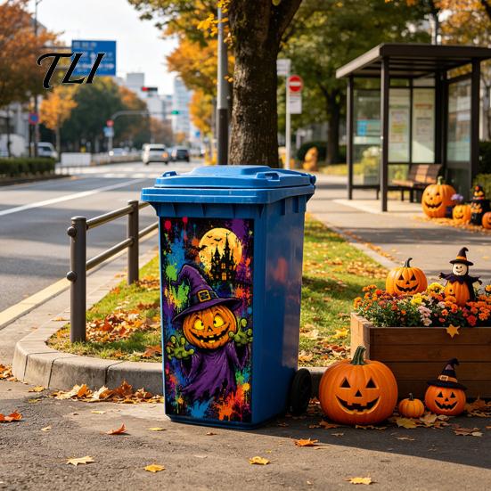 Outdoor Festive Atmosphere Decor Halloween Wall Stickers Trash Can Decal Stickers, Spooky Skull Ghost Horror for Bins Decals Garbage Cans, Waterproof