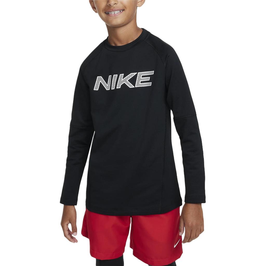 Nike Футболка Pro Dri-Fit Warm Letter Print Crew Neck Training с длинным рукавом, детские топы, цвет черный, белый HF4362-010