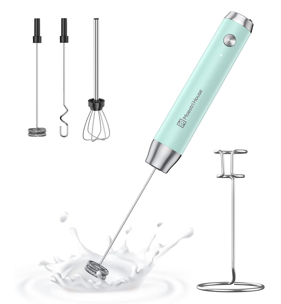 Maestri House Rechargeable Milk Frother, Electric Milk Frother, Waterproof, Powerful, One-Button, Japanese Instruction Manual (Blue)