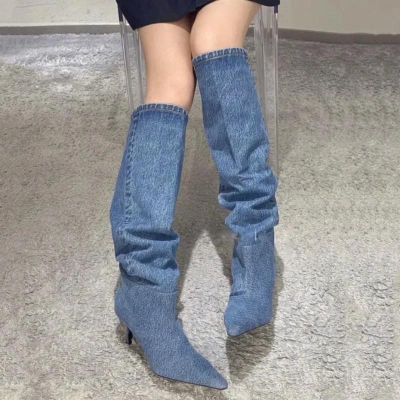 2024 Cowboy Knee High Chelsea Boots 2024 New Autumn Winter Pointed Toe Women Stilettos Shoes Gladiator Motorcycle