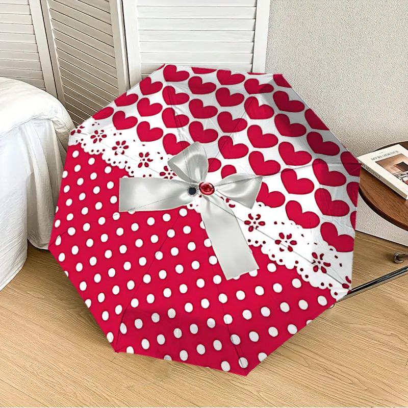 1pc Heart Print Bow Pattern Automatic Folding Umbrella, Casual Outdoor Accessory, Birthday Festival Gift yy251126106