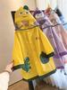 Children's Raincoat with Small Dinosaur Design for Boys and Girls, Daily Use, Wide Brim, Cartoon Print, Snap Buttons, Long Style, Hooded Rain Poncho