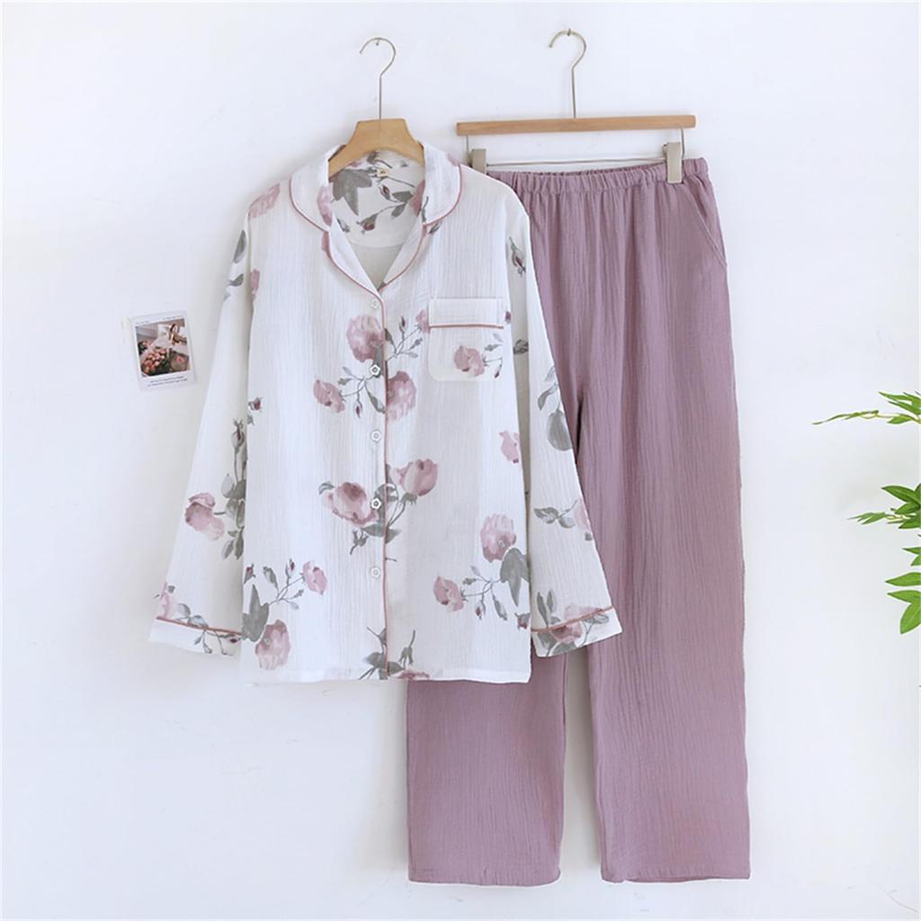 Kyonuza Cotton Loungewear for Spring and Solid Gauze Simple Long Day Size x Purple Women's 100% Pajamas, Open-Front Autumn, Color, Fabric,