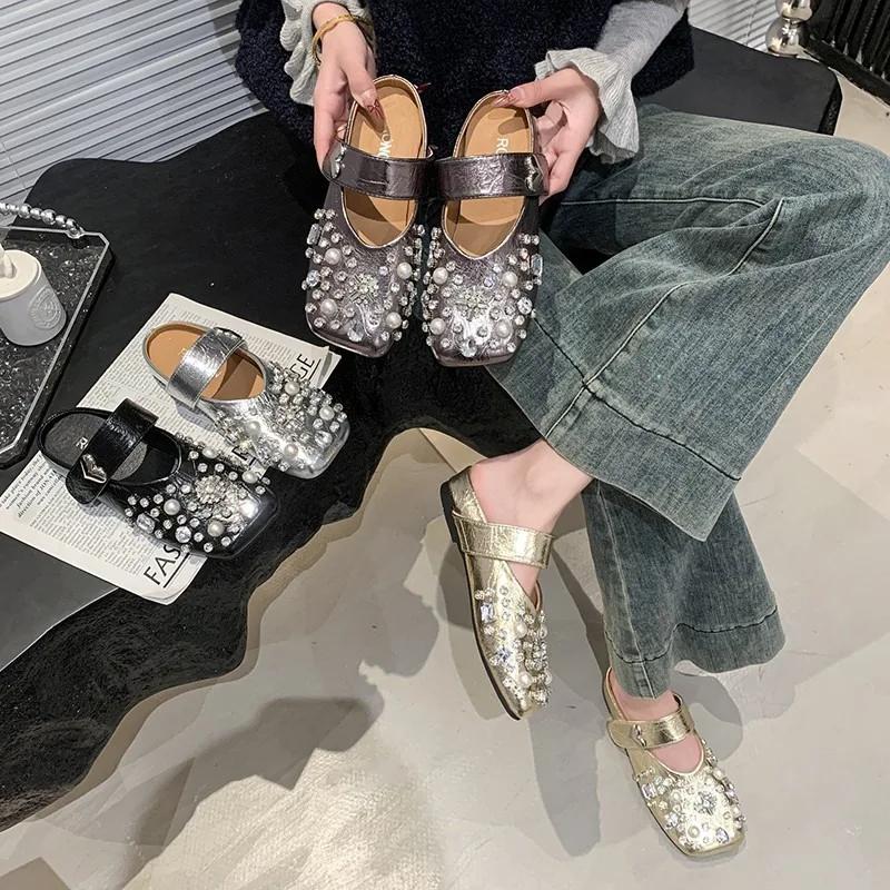 Женские туфли с пряжкой и ремешком, женские туфли на плоской подошве, модные, с бисером, ежедневные бестселлеры, женские туфли на плоской подошве, новые, с квадратным носком, на низком каблуке