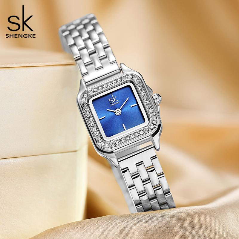 SHENGKE Элегантные серебряные женские часы из нержавеющей стали, модные женские кварцевые наручные часы с маленьким циферблатом и квадратным циферблатом, новые женские подарочные часы