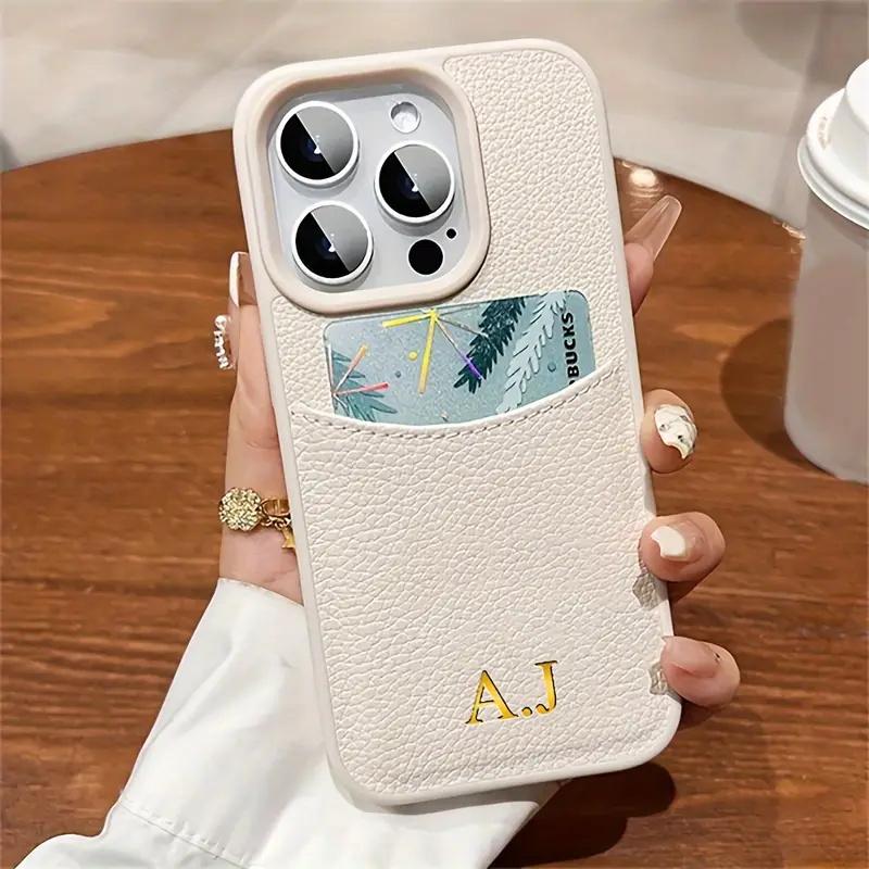 Персонализированный чехол с инициалом имени для iPhone 12 13 14 15 16 Pro Max Кожаная сумка с карманом для карт Чехол с узором личи