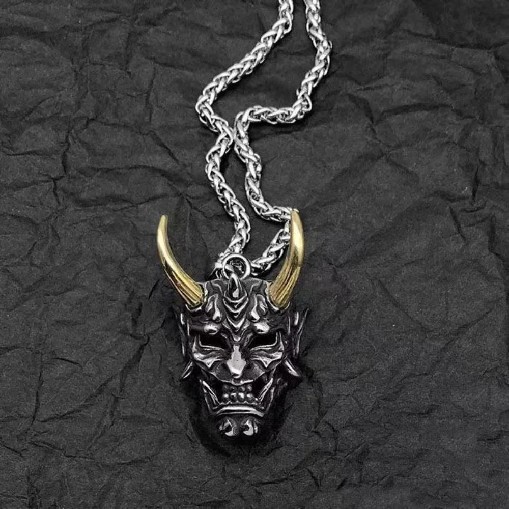 Vintage Japanese Demon Devil Mask Ghost Pendant Necklace Chain Unisex Men Women Fashion Gothic Amulet Talisman Jewelry Party Gift