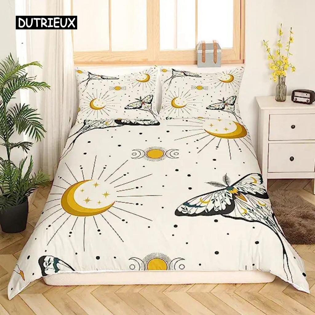 Boho Moth Duvet Cover Gothic Skull Bedding Set for Girls Women Bedroom Decor Moon Star Personalized Moth Skull Skeleton Bones