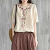 Embroidered Cotton and Linen Women's Summer Loose  Retro Round Neck Short-sleeved T-shirt Top Women