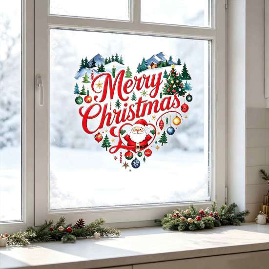 Christmas Tree Wall Decals Merry Window Cling, Heart Shaped Sticker with Santa Claus Xmas Decorative Gifts Balls, Winter Holiday Static PVC