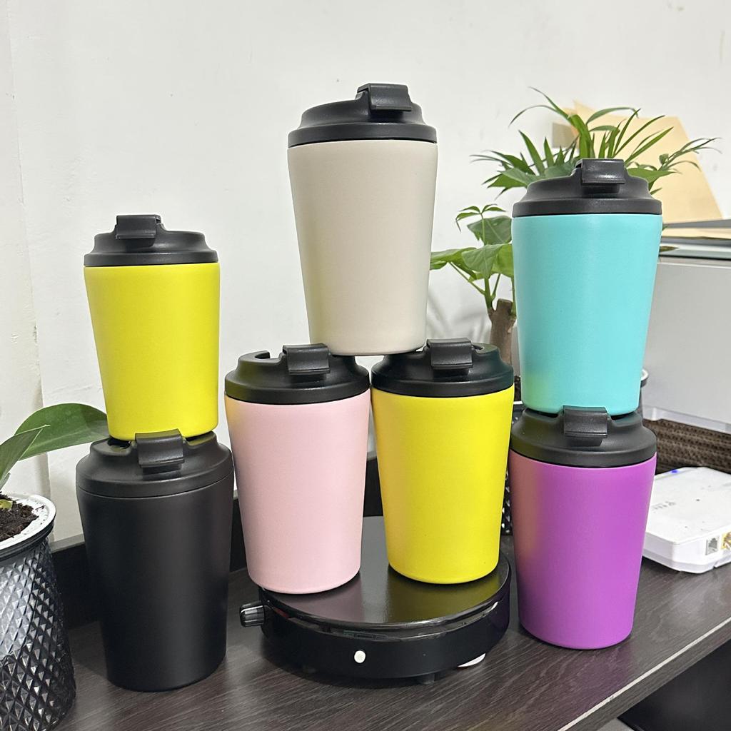 12oz Insulated Stainless Steel Coffee Cup with Scale & Flip-Top Lid