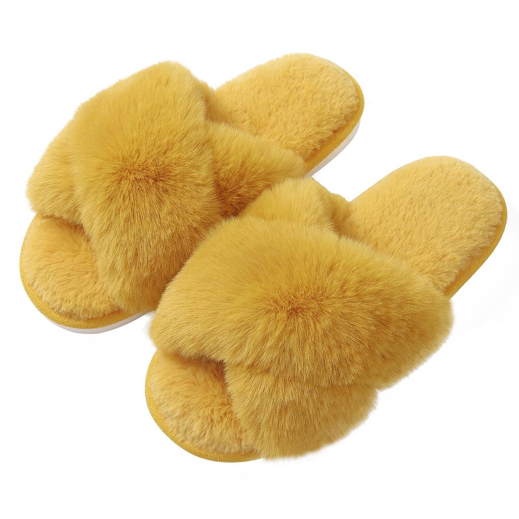 Comwarm Women's Cozy Fuzzy Slippers Open Toe Plush Cotton Flat Indoor Shoes Warm Comfortable Fluffy Slides for Home