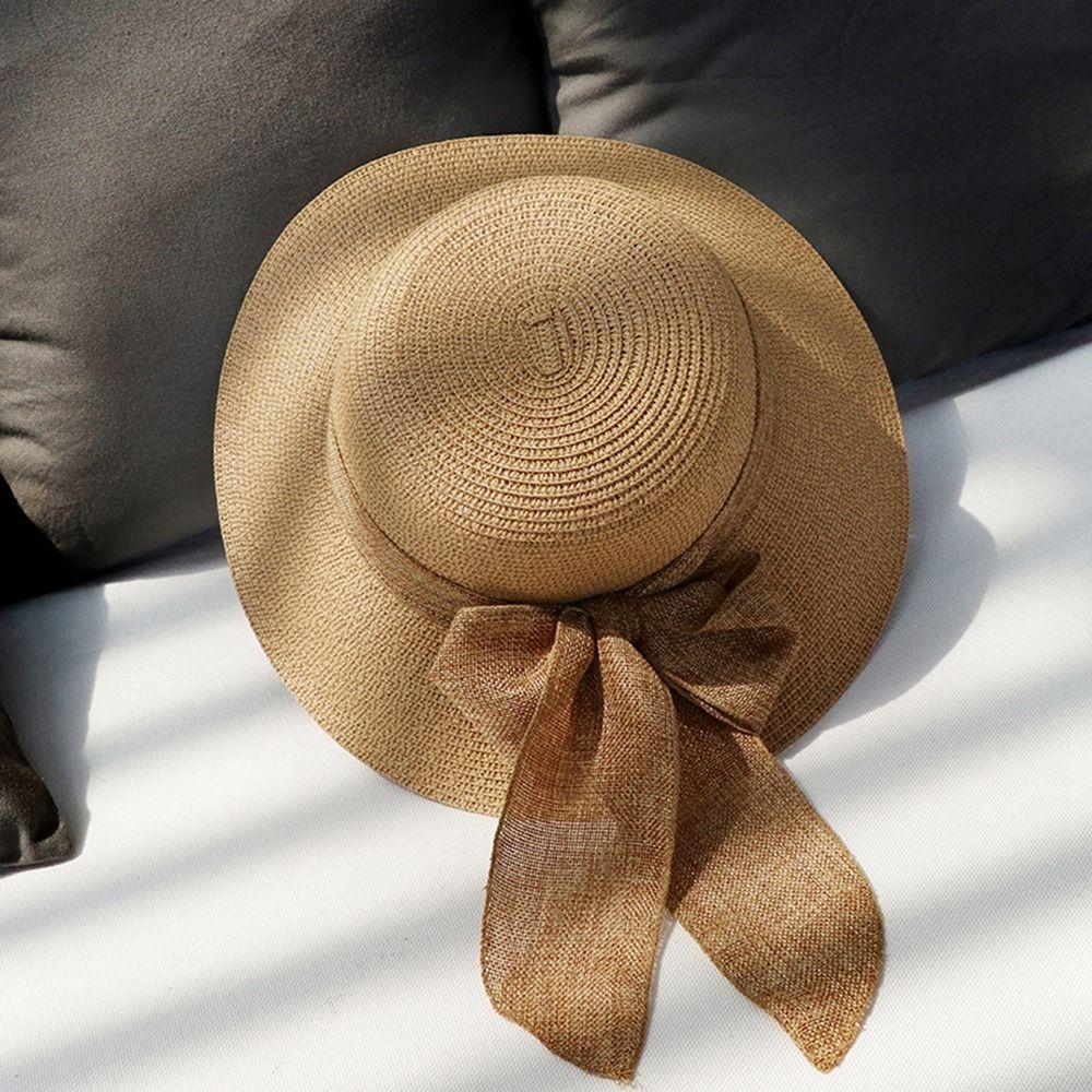 Beach Cap Sunscreen Bowknot Ribbon Flat Hat British Style Sun Hat Top Hat Straw Hat Weave Sun Cap