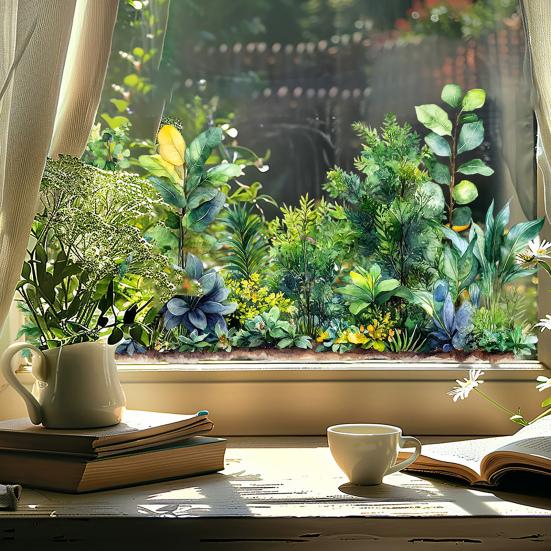 Цветочные растения в горшках Стеклянная наклейка Съемная Водонепроницаемая ПВХ Цветы Статическая стеклянная наклейка Декор для дома Гостиной Спальни Наклейка