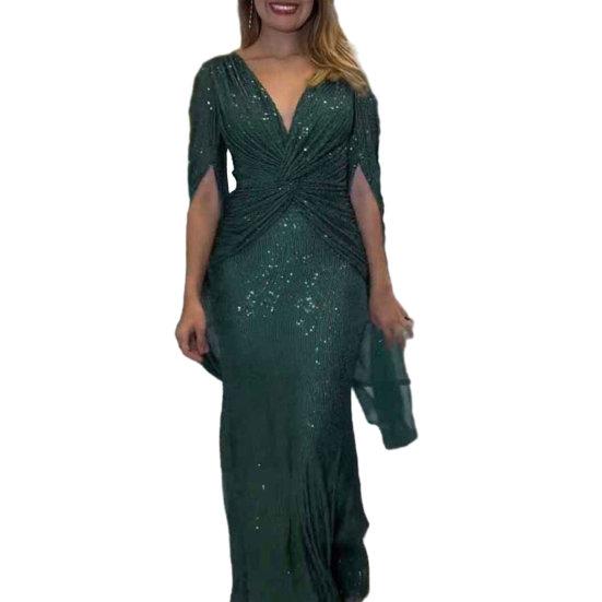 Женское вечернее платье с разрезом на рукавах, глубокий V-образный вырез, блестящие пайетки, облегающее, с узкой талией и узлом, плиссированное, полная длина, сплошной цвет, женское платье для выпускного банкета, макси