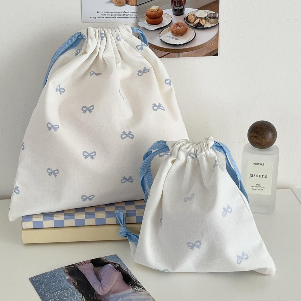 Sweet Bow Print Women's Storage Bag Cute College Girls Canvas Drawstring Bags Simple Female Portable Travel Makeup Case Handbags