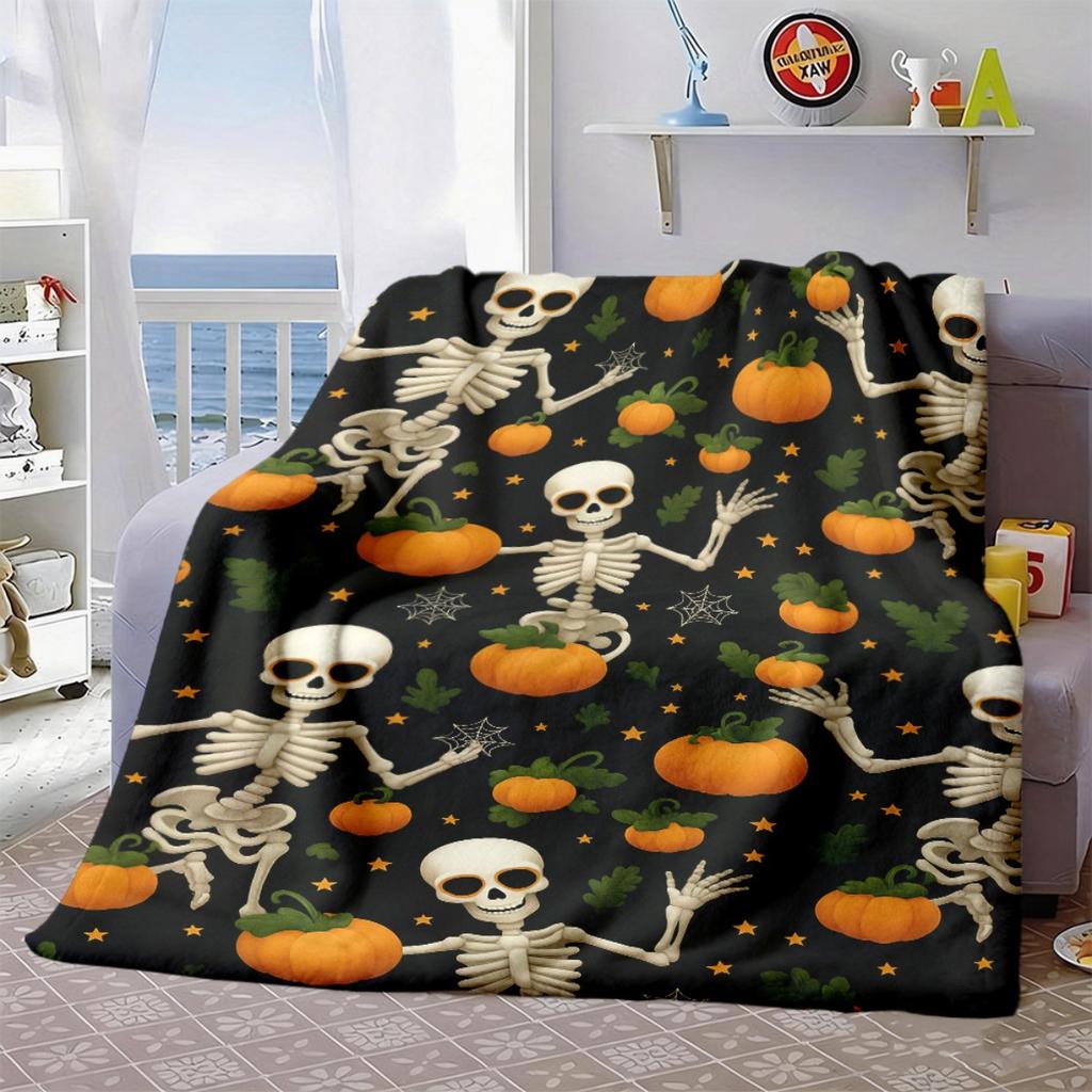2026 New Arrivals 1pc Suige Home Halloween Blanket - Spooky Skeletons, Pumpkins, Orange & Black Flannel Throw - Soft Warm Decorative Accent for Couch,
