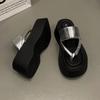 Stylish Thick Sole Women's Flip Flops Summer Casual Wedge Sandals In Black Color