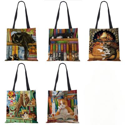 Женские дизайнерские большие сумки с принтом кота на заказ, льняная многоразовая сумка для покупок, сумки на плечо для женщин, 2020