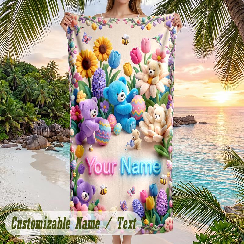 Teddy Bear Theme Beach Towel Personalized Custom Name & Text Soft Quick Dry Beach Towel for Swimming Travel