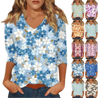 Женский повседневный и модный топ с V-образным вырезом, цветочным принтом и рукавами три четверти