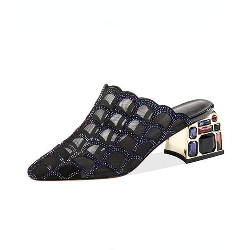 Женские чистые весенние и летние дышащие полутапочки со стразами, толстые, с наружной одеждой, средний каблук, сетчатая пряжа, мягкая подошва, сандалии Baotou