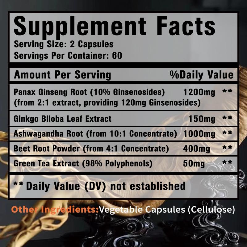 PANAX GINSENG, 120 Vegetarian Capsules, 2800 mg, Relieves Fatigue, Boosts Energy Levels and Muscle Building