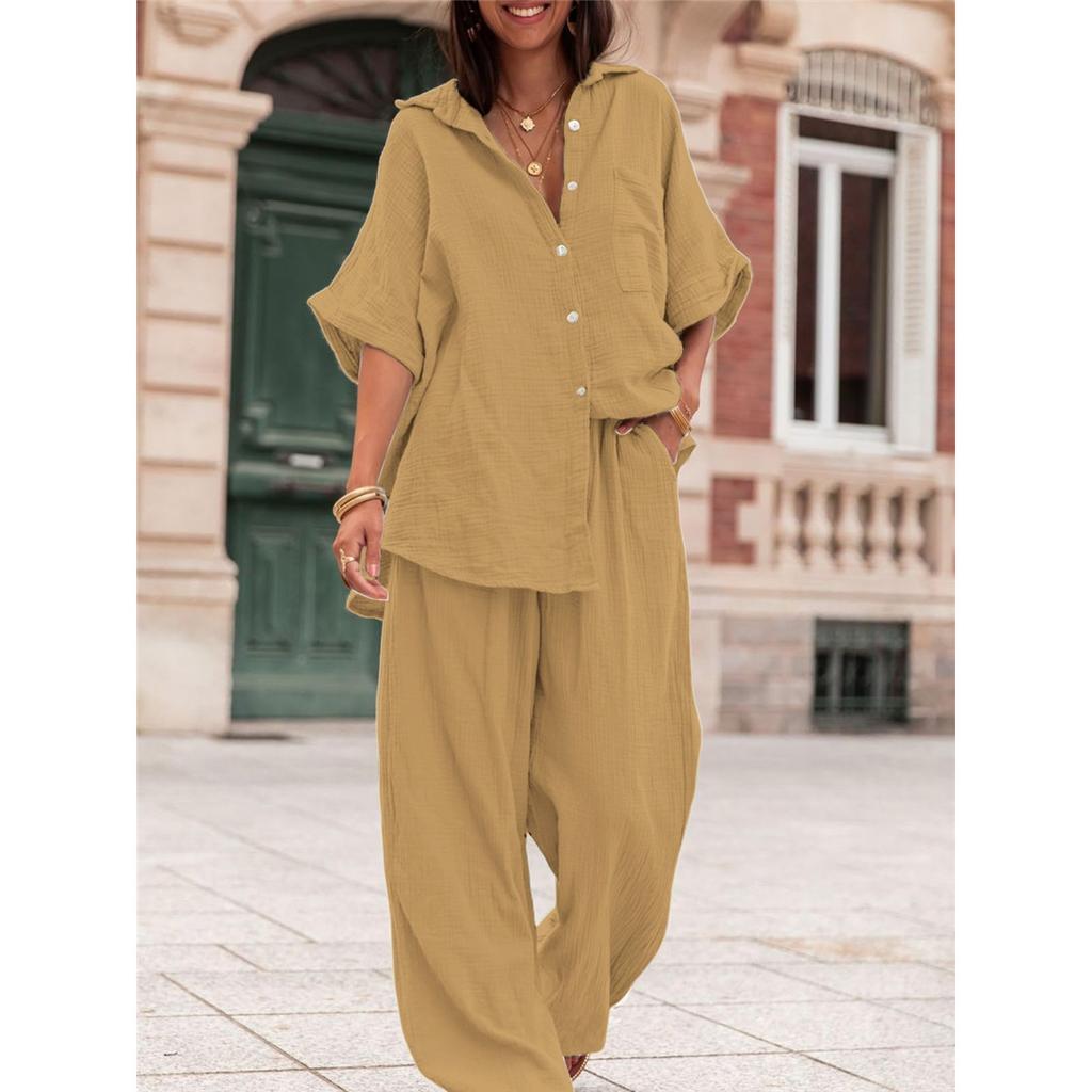 Women's Casual Sets Summer Cotton and Linen Short-sleeved Lapel Shirt Straight Trousers Two-piece Set