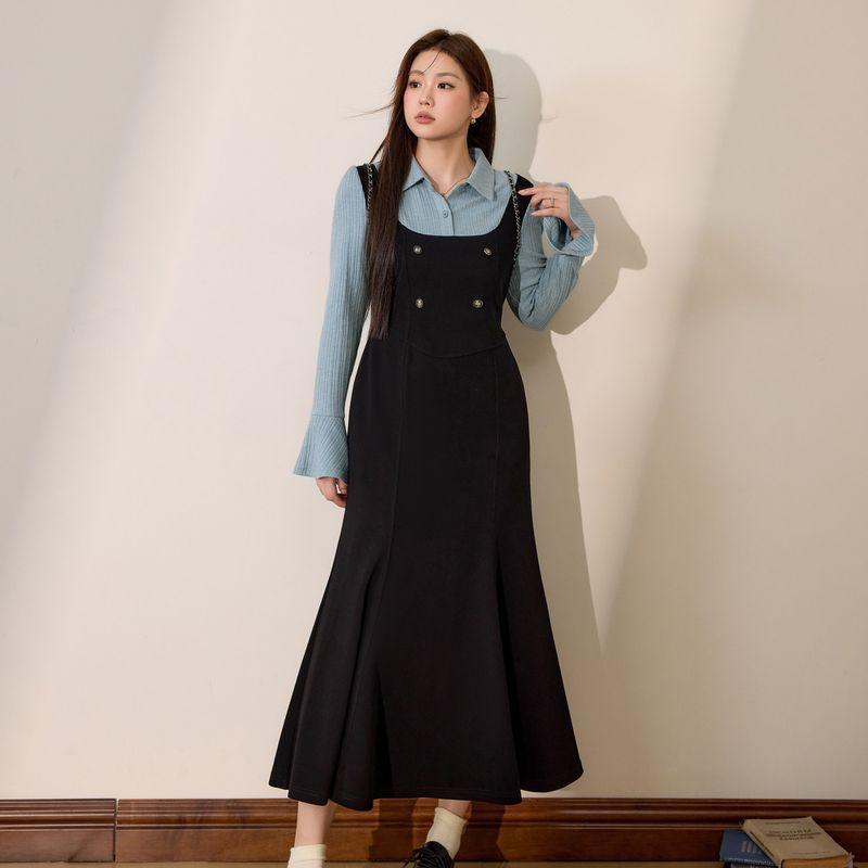 Blue Language Plus-Size Women's Clothing, Fat-Friendly French Elegant Faux Two-Piece Dress, 2026 Spring Slimming and Body-Covering A-Line Long Dress