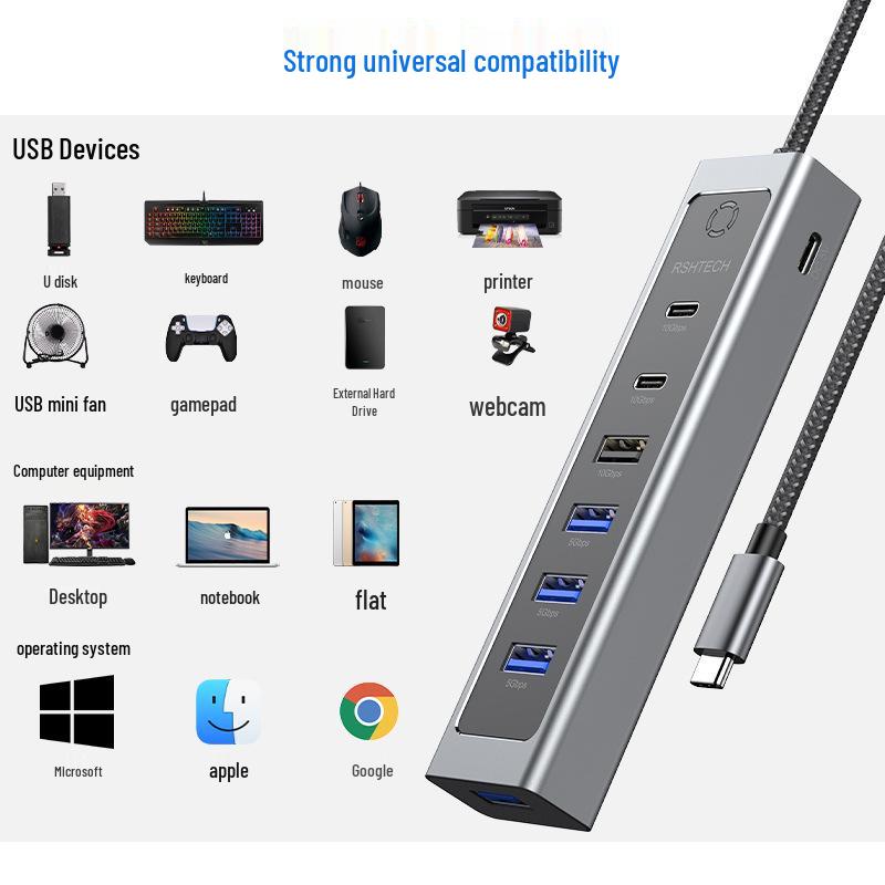 7-портовый USB-C док-станция-разветвитель: USB 3.2 Хаб для ноутбука 7-в-1 Адаптер