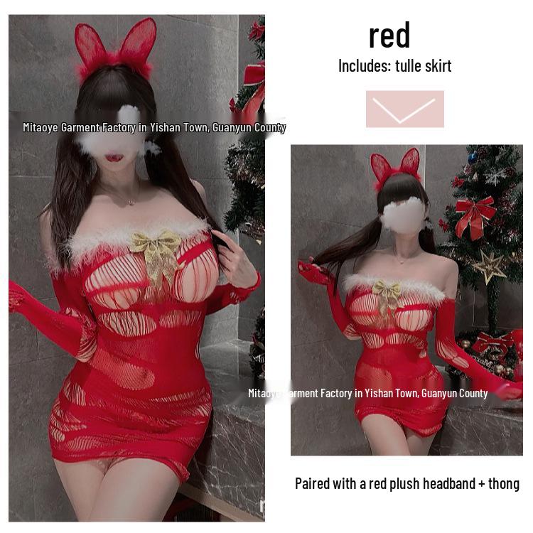 Christmas Off-Shoulder Plush Mini Dress: Sexy Cutout Long Sleeve Bodycon Mesh