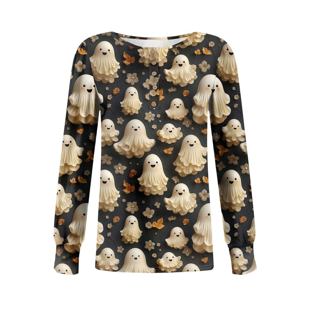 Женские футболки с длинным рукавом и круглым вырезом, принты на Хэллоуин, рубашки с рукавами-фонариками, блузки на пуговицах, топы