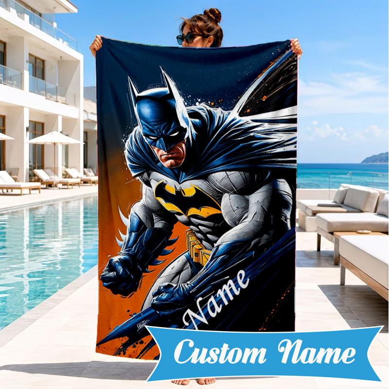 Custom Name Beach Towel Bat City Hero Artwork Microfiber Beach Towel, Lightweight for Summer Travel, Swimming Pool Fan Birthday Gift