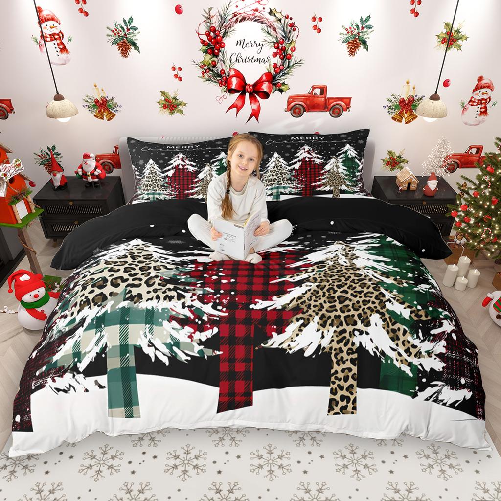 Homewish Kids Merry Christmas Duvet Cover Set 2pcs/3pcs, Xmas Tree Santa Claus Bedding Set, Kawaii Snowman Quilt Cover Set
