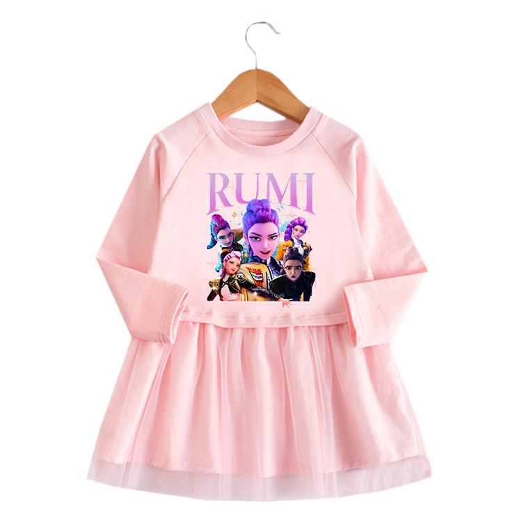 Girls Kpop Rumi Zoey Mira Hunters Print Pleat Fashion Mesh Dress