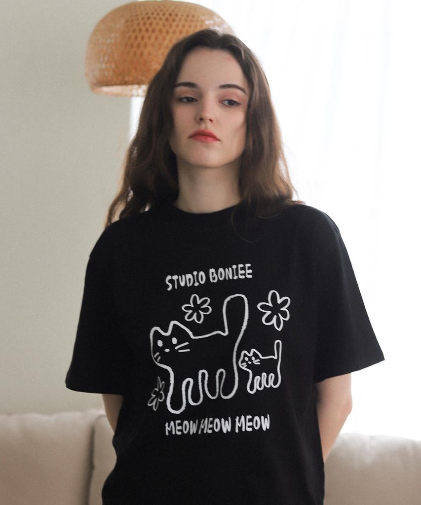 BONIEE Meow Cat Kitten Graphic Loose Oversized T-Shirt Black