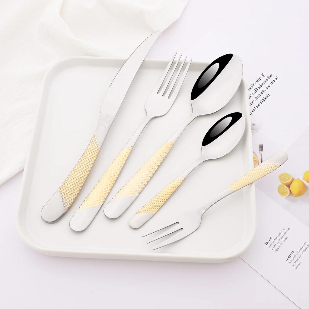 24Pcs Silver Gold Tableware Sets Stainless Steel Cutlery Steak Knife Tea Fork Coffee Spoon Flatware Dinner Kitchen Dinnerware
