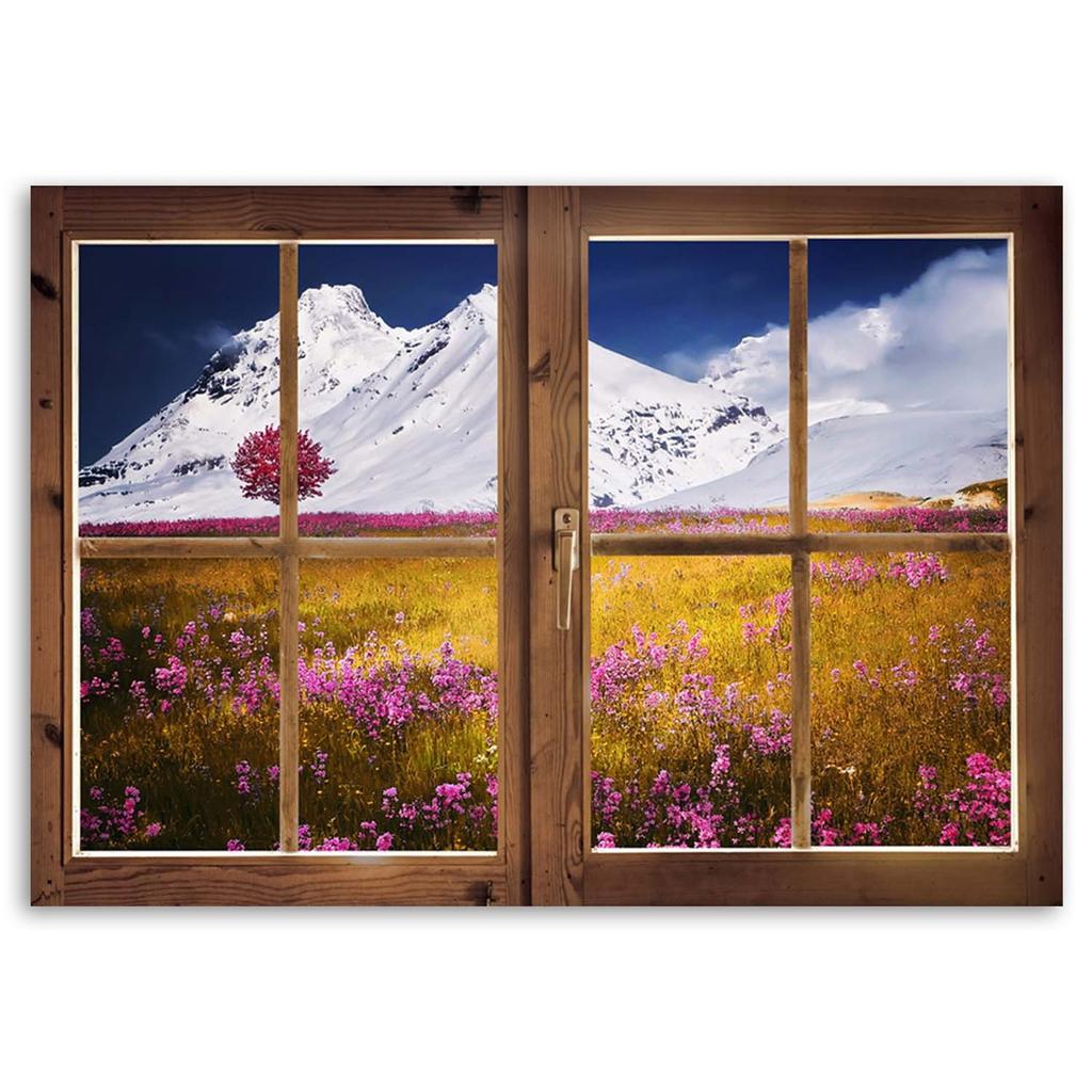 Canvas print, Window - view of snow-covered mountains