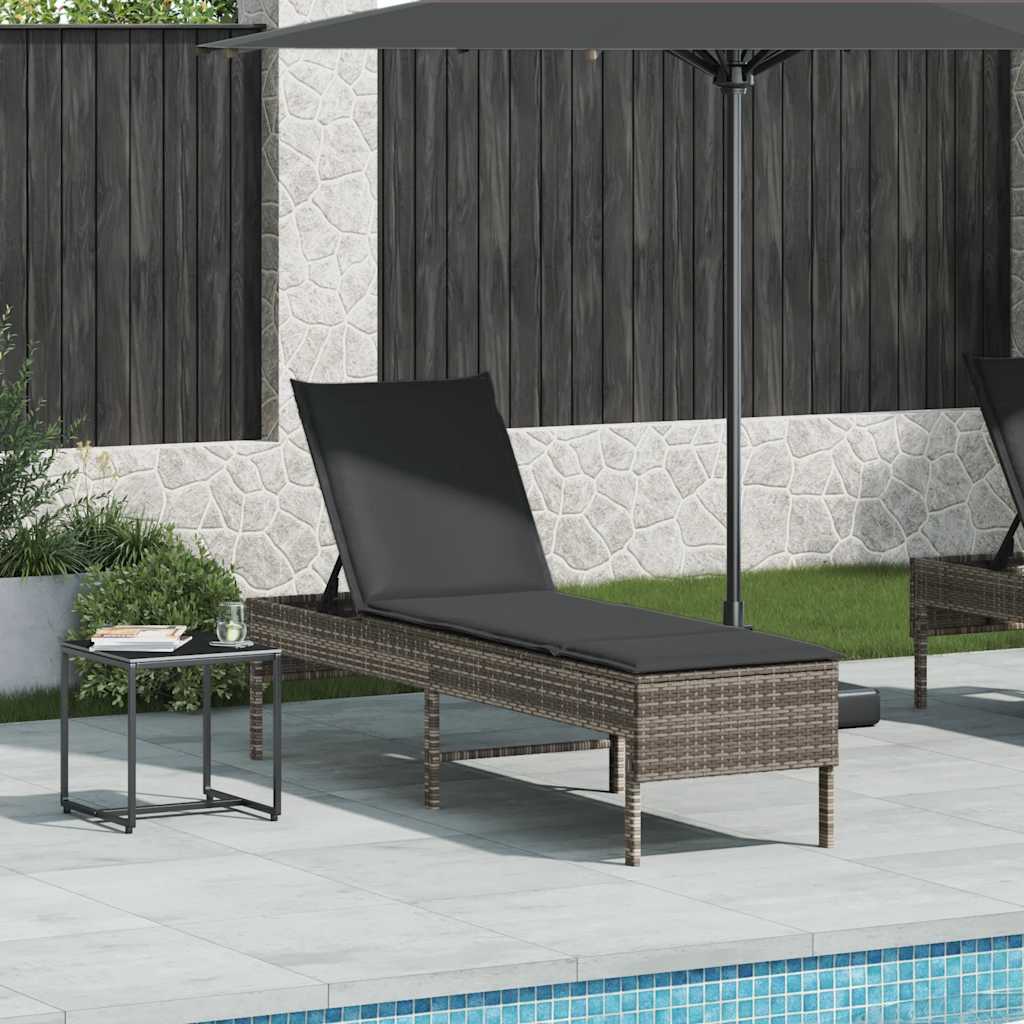 Sun Lounger with Grey Cushion 55 x 200 x 44 cm Poly Rattan