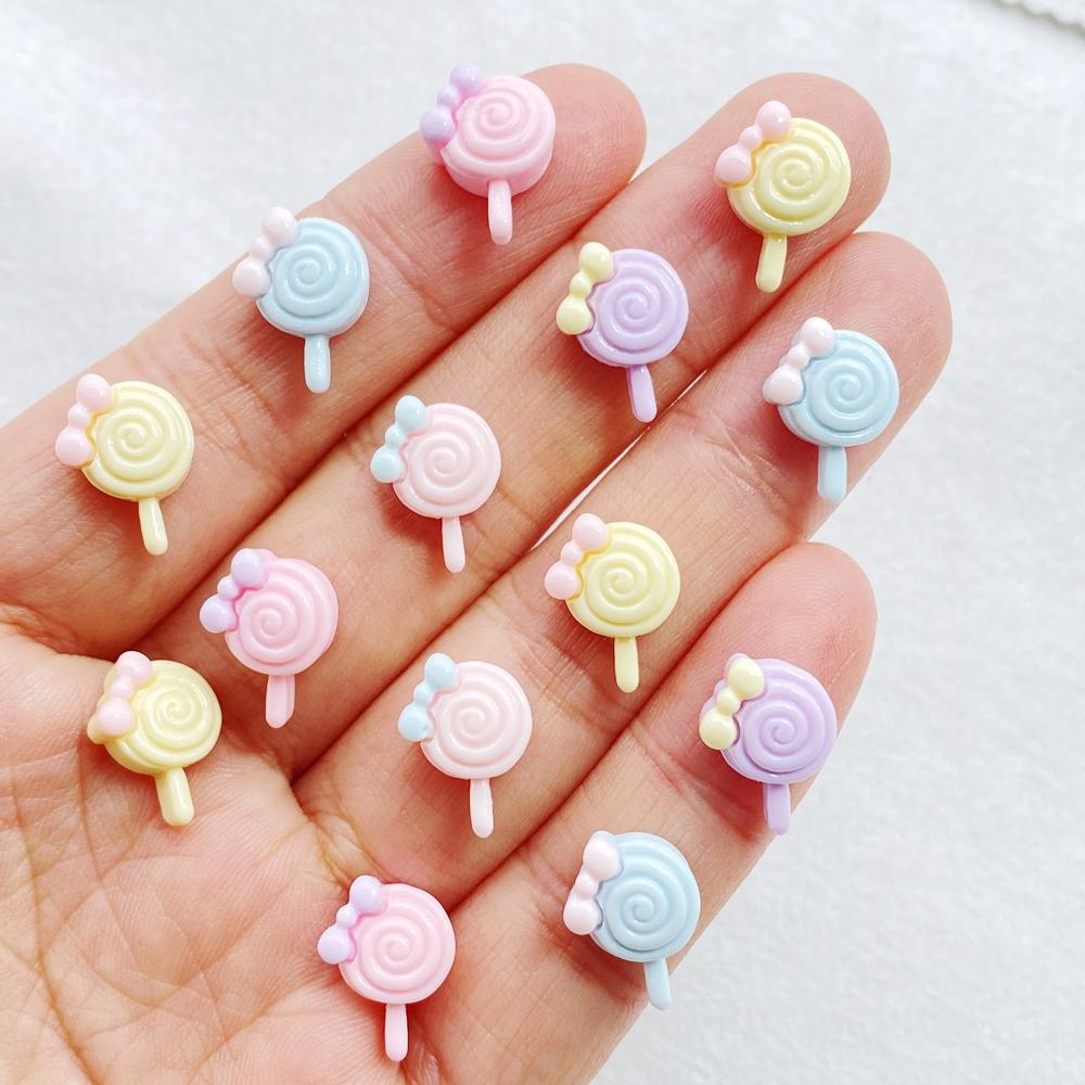 30Pcs New Cute Resin Cartoon Bow Shaped Lollipop Series Flat Back Manicure Parts Embellishments For Hair Bows Accessories