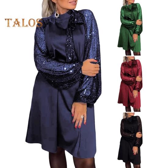 Lady Evening Dress Lace-up Strap Sequin Patchwork Long Lantern Sleeves Round Neck Spring Auutmn Midi Dress Loose Prom Party Dress